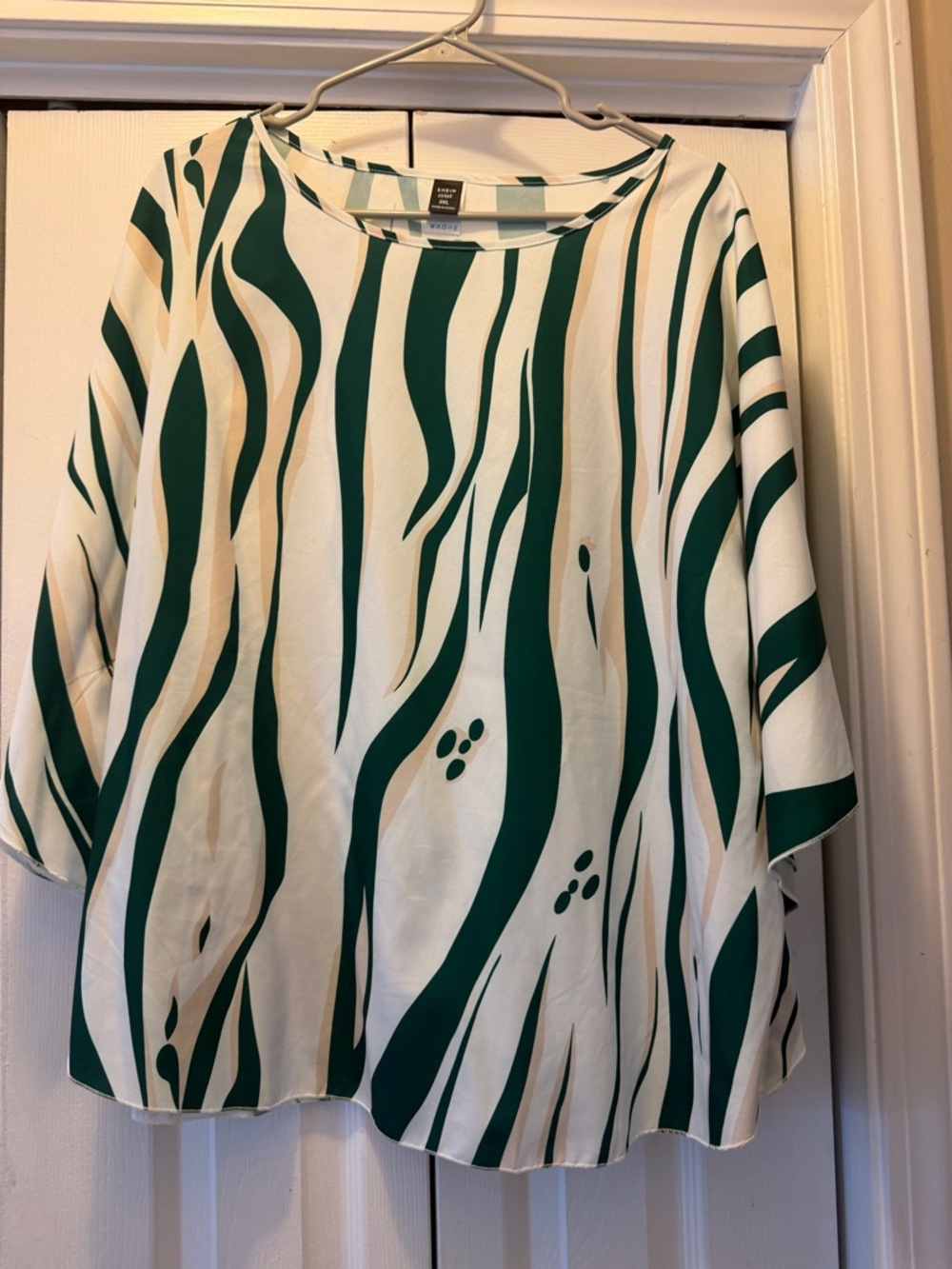Shein White Top with Green Abstract Wave Print